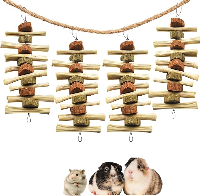 Rabbit Chew Toys for Teeth Hanging,Natural Sweet Bamboo Sticks Rabbit Snack Chewing Toy Rabbits Teeth Grinding 100% Natural Organic Sweet Bamboo Stick Grass Cake Chinchillas Hamsters (4 Pcs)