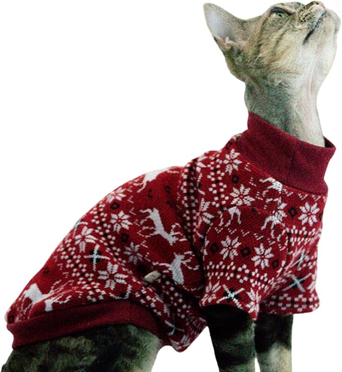 Cat Festive Sweater Pullover, Classic Soft Warm Christmas Clothes for Hairless Sphynx, Devon & All Indoor Kittens (Red,M)
