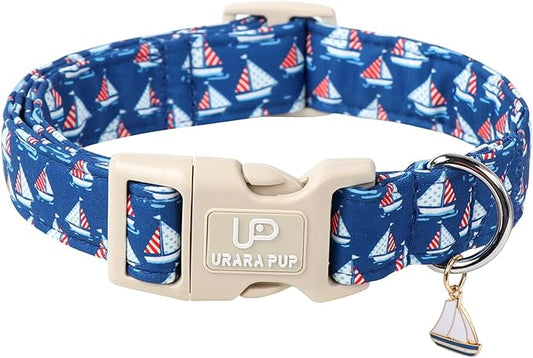 USA Flag Dog Collar, 4th of July Comfortable Cotton Dog Collars, American Flag Collar for Medium Girl Boy Dogs, Patriotic Collars with Sailboats Pattern