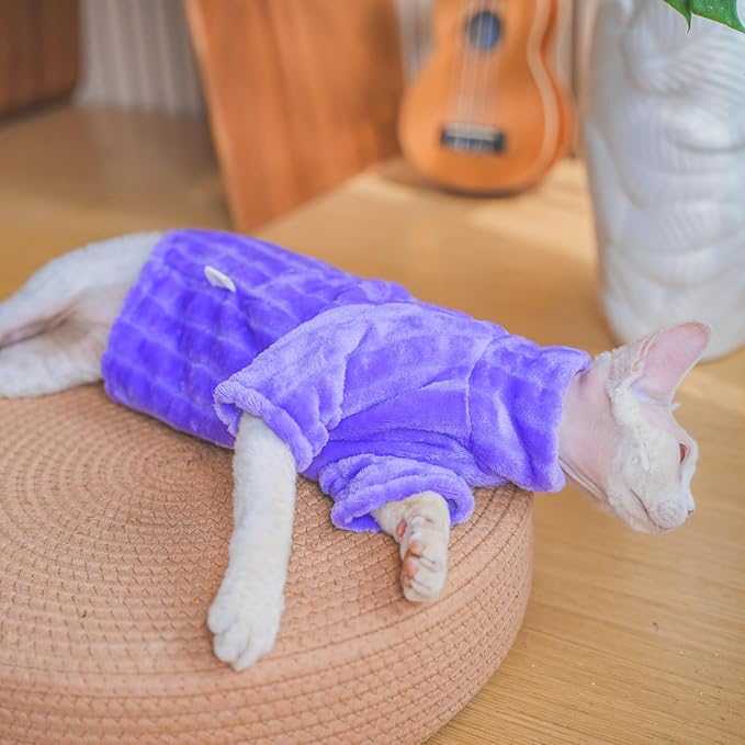 Turtleneck Sweater for Sphynx Cat Soft Coral Fleece Cat Clothes Thick Winter Warm Outfit Coat for Hairless Cats and Small Dogs Apparel with Sleeves (Purple, L (7-8.5 lbs))