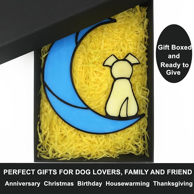 Stained Glass Dog Memorial on Blue Moon Window Hanging Suncatcher, Loss of Dog Sympathy Gift in Memory