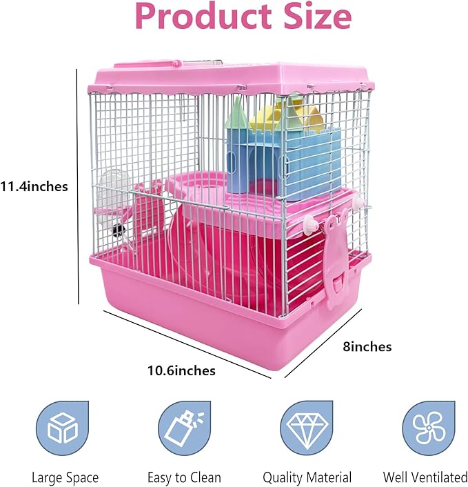 Tfwadmx Hamster Carrier, Dwarf Hamster Travel Cage, Portable Cages with Water Bottle, Gerbil Travel Carry Case Outdoor Vacation House for Small Mice(Pink,10.6”x8”x11.4”)