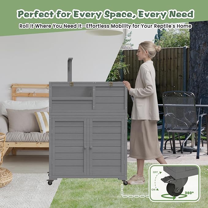 Tortoise Habitat with Storage and Wheels, Large Tortoise Enclosure with Lamp Holder, Indoor & Outdoor Tortoise House, Wooden Reptile Enclosure Small Animal Cage with for Gecko, Lizard, Snake