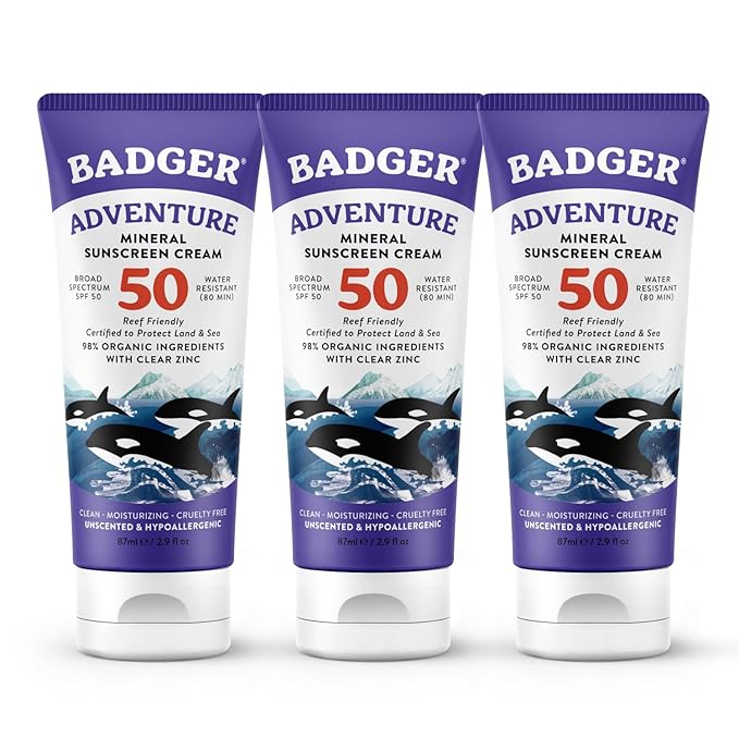 Badger Biodegradable Reef Safe Sunscreen, SPF 50 Unscented Zinc Oxide Sunscreen, 98% Organic Ingredients, Water Resistant Adventure Sport Sunblock, 2.9 fl oz, 3-Pack