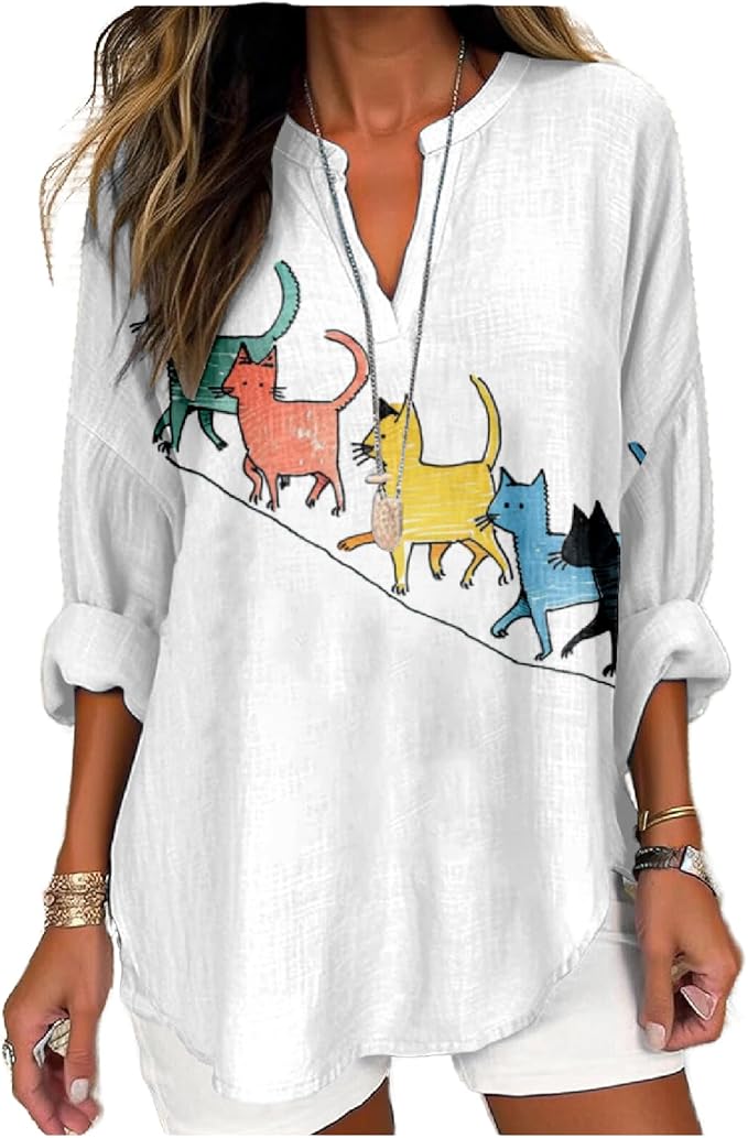 MARSVOVO Cat Shirts for Women Long Sleeve Cute Cat Pullover Graphic Novelty V Neck Blouse Oversized Funny Tunic Tops