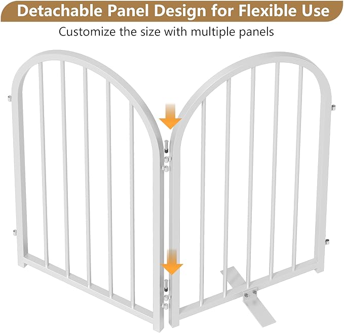 Full Metal Dog Gate for Indoor Outdoor, 24" Tall Free Standing Pet Dog Fence, 36" Wide Arched Pet Gates for Stairs, Hallways, Doorways, Kitchen, Decks, Yards (White, 2 Panels)