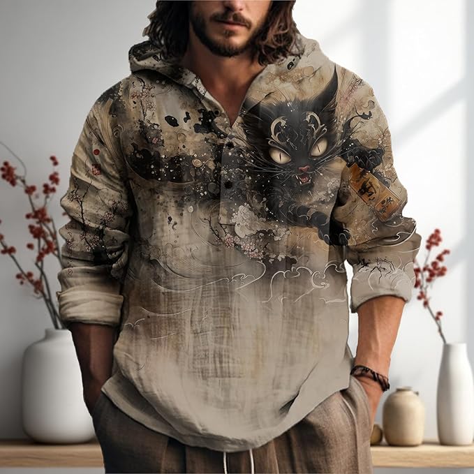MARSVOVO Japanese Art Animal Hooded Shirt for Men Long Sleeve Quarter Button Lightweight Hoodie Cool Streetwear Tops