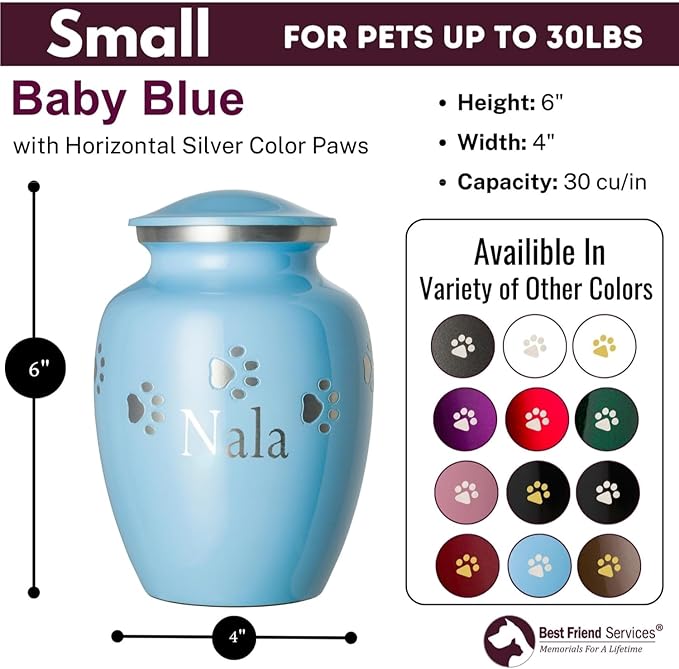 Pet Urn for Dogs and Cats with Personalized Laser Engraving, Ottillie Paws Premier Series Memorial Urns (Small Baby Blue with Horizontal Pewter Paws)
