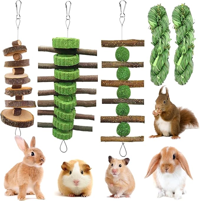 5pcs Rabbit Toys,Bunny Chew Treat for Teeth Grinding,Hanging Timothy Hay Ball +Apple Stick Wood +Alfalfa Grass Cake Food Snack for Cage Guinea Pig Chinchilla Hamster Squirrel Gerbil Rat Parrot