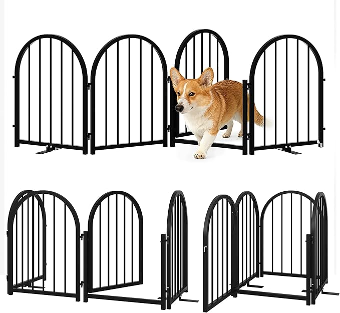 Full Metal Dog Gate with Door for Indoor Outdoor, 24" Tall Free Standing Pet Dog Fence, 72" Extra Wide Pet Gates for Stairs, Hallways, Doorways, Kitchen, Decks, Yards (Black, 4 Panels)