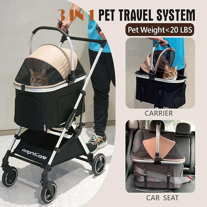 3-in-1 Small Pet Stroller for Small Dogs & Cats Under 20 lb with Detachable Carrier, Converts to Car Seat, Ultra-Lightweight only 11lb, One-Hand Fold