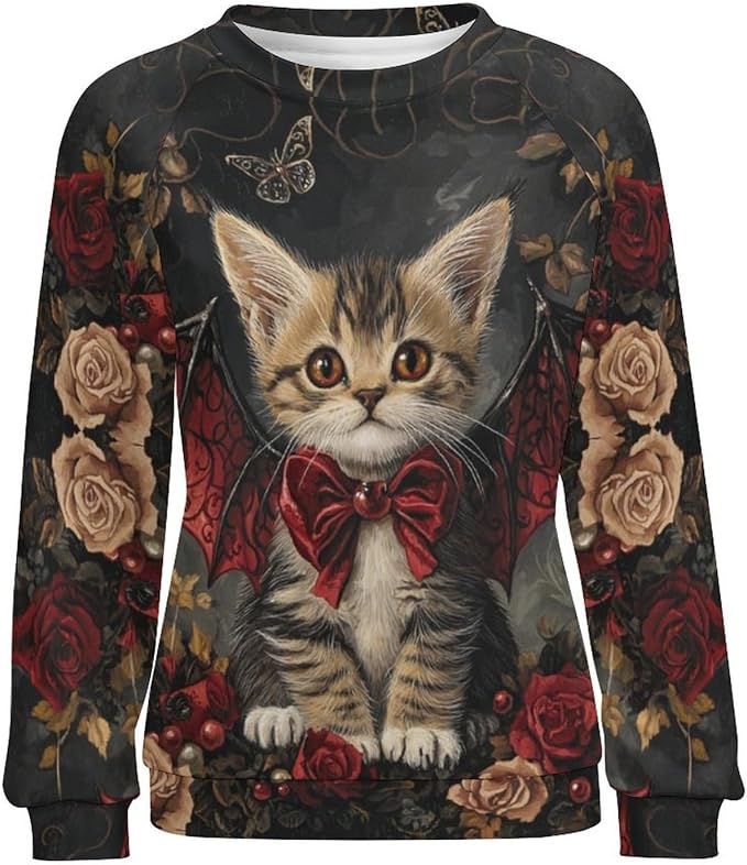 Halloween Sweatshirts for Women Black Cat Print Pullover Crewneck Oversized 2024 Fall Fashion Casual Warm Shirt