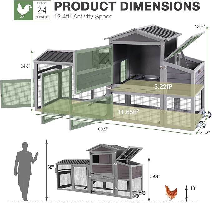 Chicken Coop with Run Large Hen House on Wheels Chicken House Poultry Cage with Nesting Box, Leakproof Pull-Out Tray, Waterproof Roof for 4-6 Chickens (Grey, 80.6" L x 26.6" W x 42.4" H)