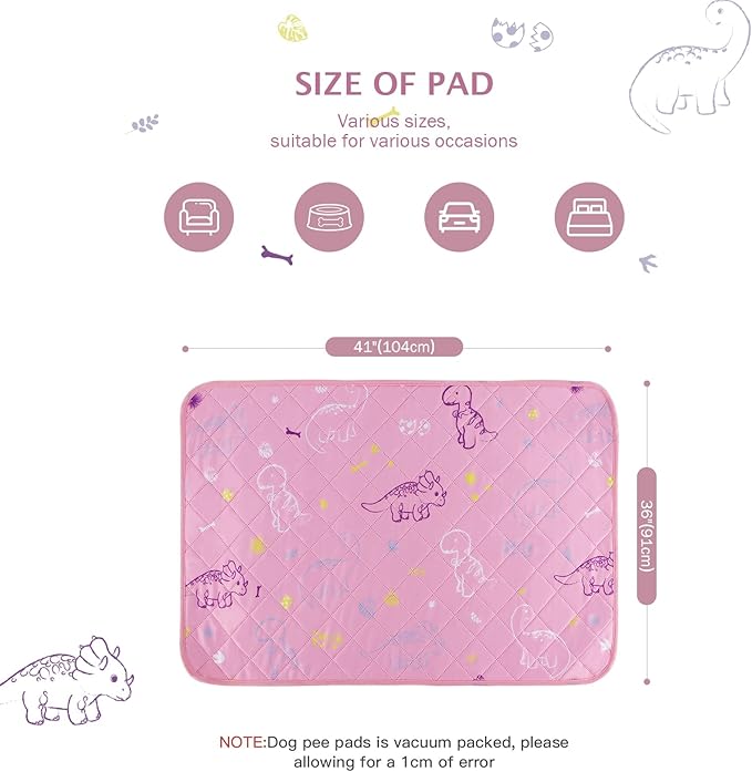 IEUUMLER Washable Pee Pads for Dogs, 2 Pack Non-Slip & Waterproof Pack Whelping Pad, Reusable Washable Puppy Potty Training Pad with Fast Absorbent for Playpen EU007 (Pink Dinosaur, 36"X41"-2pcs)
