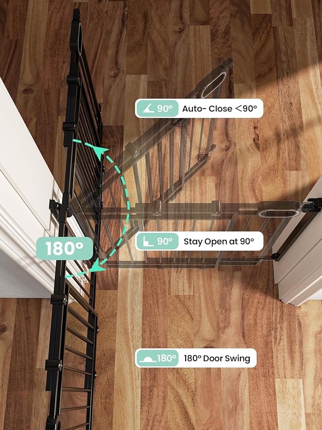 Grownsy No Bottom Bar Baby Gate for Stairs, Adjustable Width 32” to 48” for Child and Pet, Dog Gate with Auto-Close & One-Hand Operation, Hardware-Mounted Installation for Doorways and Indoor,Black