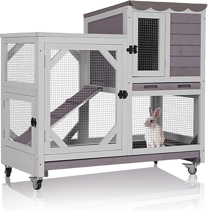 2-Story Rabbit Hutch Indoor Bunny Cage Outdoor Guinea Pig House with Chew-Proof Ramp, Leak-Proof Tray, Lockable Wheels for Rabbits, Guinea Pigs, Small Animals (Grey)