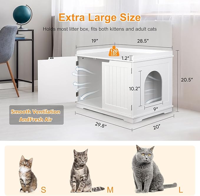 Cat Litter Box Enclosure Furniture Wooden w/Adjustable Divider, Indoor Cat House Storage Cabinet,End Table,for Large Cats, White