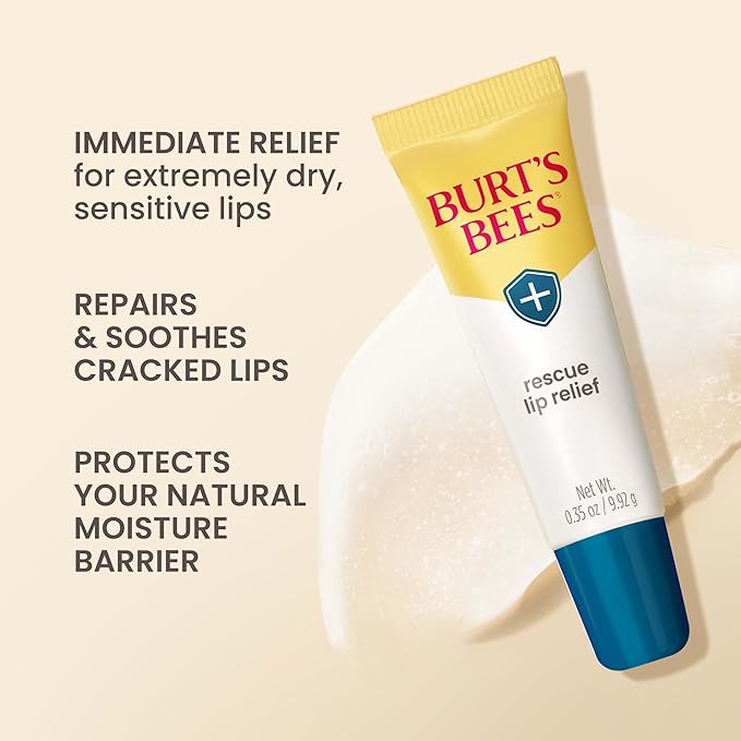Burt's Bees Rescue Lip Relief for Valentine's Day, Original, Hydrating Lip Balm for dry lips with Responsbily Sourced Beeswax & Shea Butter, 100% Natural Origin, 3 Squeezy Tubes, 0.35oz, (Pack of 2)