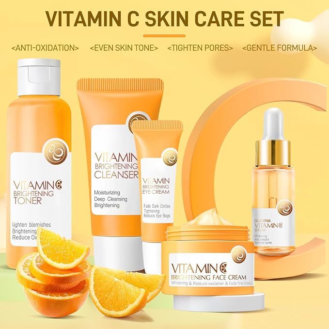 5Pcs Valentines Day Vitamin C Skincare Set, Skin Care for Kids, Skincare Gift Sets with Cleanser, Toner, Serum, Eye Cream, Facial Cream, Skin Care Set for Girls Ages 8-12, Travel Facial Kit for Girls