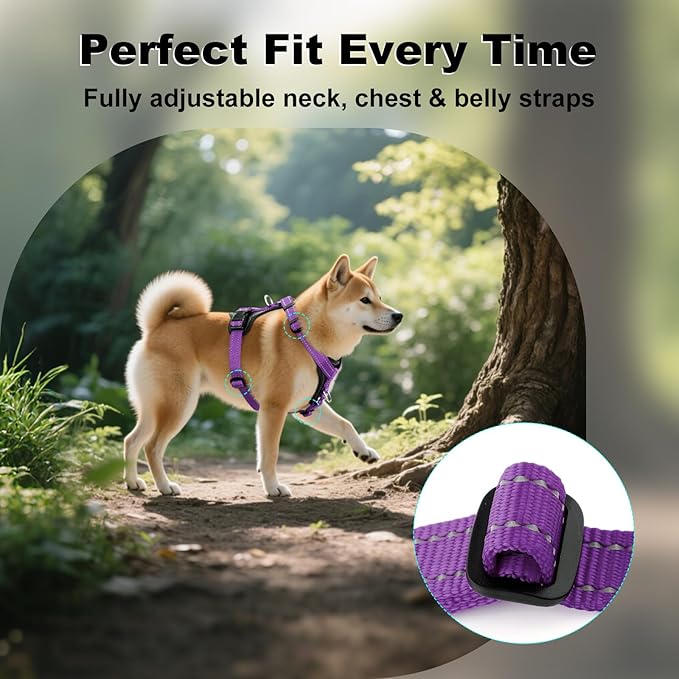 Plutus Pet Adjustable No Pull Dog Harness with Leather Accents, Heavy Duty Reflective Nylon Vest for Training, Hiking, Easy Walk Harness for Small, Medium, Large Dogs (Purple, L)