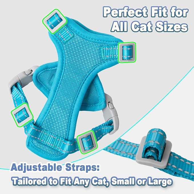 Cat Harness and Leash Set Escape Proof for Kitten Walking, Soft Adjustable Top Handle Vest Harnesses for Cats, Easy Control Breathable Reflective Small Medium Large, Blue,M