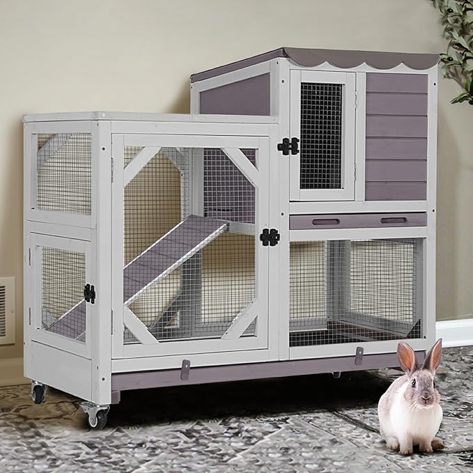 GUTINNEEN 2-Story Rabbit Hutch Indoor Bunny Cage Outdoor Guinea Pig House Wooden Small Animal Cage with Chew-Proof Ramp, Leak-Proof Tray, Lockable Wheels for 2-4 Rabbits, Guinea Pigs (Grey)