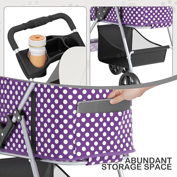 MoNiBloom 3 in 1 Foldable Pet Stroller for Small & Medium Dogs, Detachable Carrier, Car Seat, Push Button Entry, 4-Wheel Jogger for Pets up to 33 lbs, Purple Polka Dots