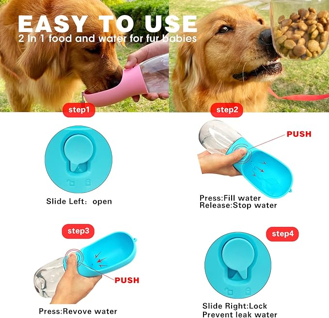 Portable Dog Water Bottle with Food Container,15oz Leak-Proof Pet Water Dispenser for Dogs, Cats, Puppies,Built-in Activated Carbon Filter for Travel,Hiking, Walking,and Outdoor Activities