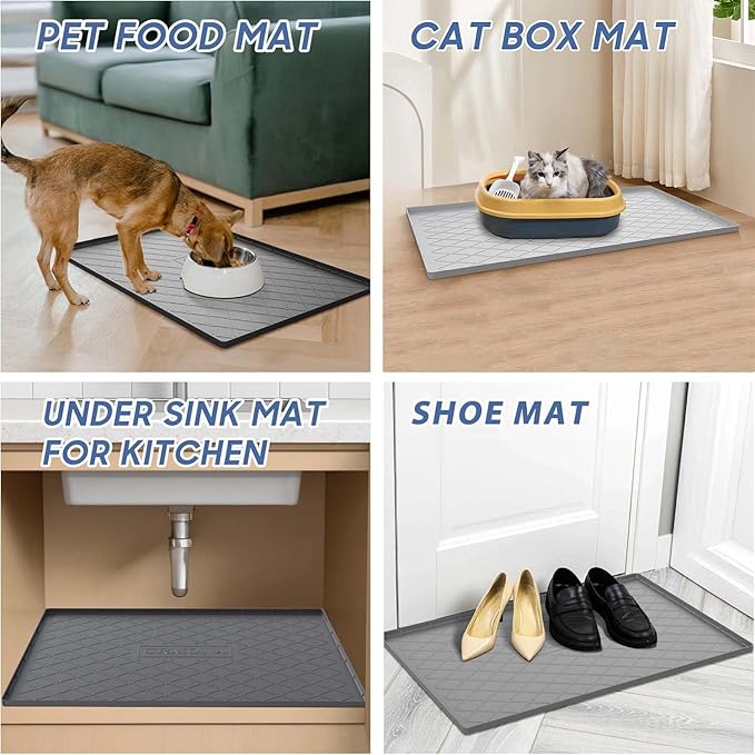 URMONA Large Dog Food Mat, 28" x 22" Pet Food Mat, Waterproof Dog Cat Food Mat with Raised Edges, Silicone Pet Food Mat, Dog Accessories, Prevents Food Spills, Protects Floors（Beige）