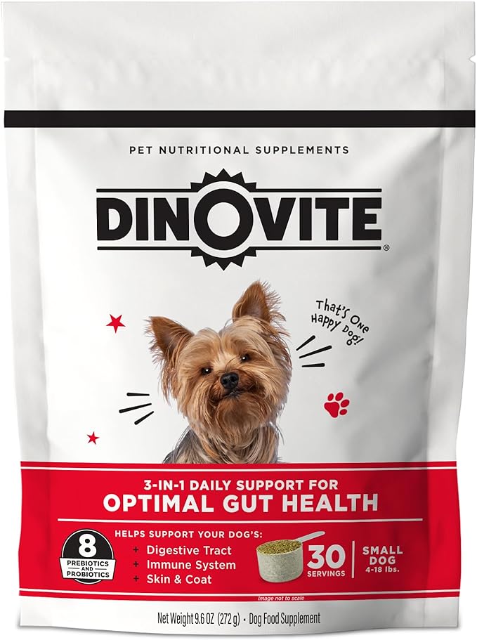 Dinovite 3 in 1 Probiotic for Small Dogs, Skin & Coat, Digestive Health & Joint Relief, Dog Food Toppers, Immune Support, Allergy Relief & Itch Relief Skin Care, 30 Servings (1-18lb)