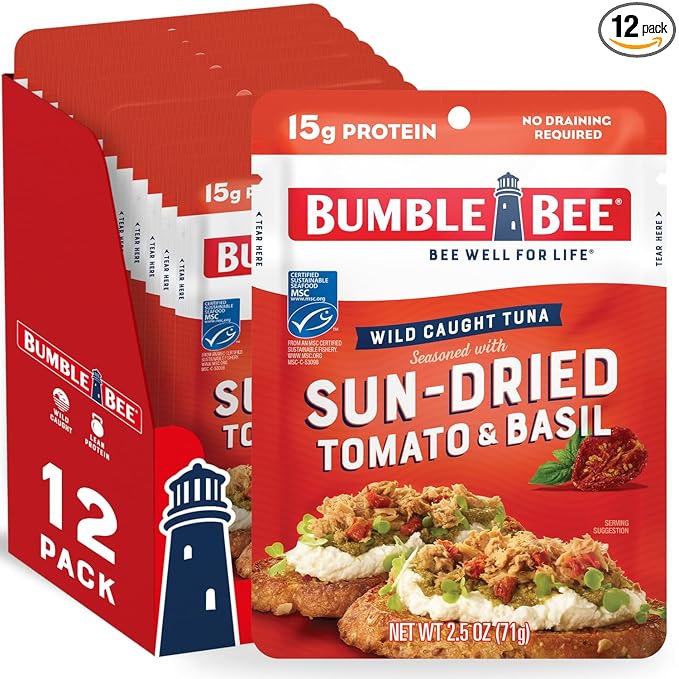 Bumble Bee Sun-Dried Tomato & Basil Seasoned Tuna, 2.5 oz Pouches (Pack of 12) - Ready to Eat - Wild Caught Tuna Packet - 15g Protein per Serving - Gluten Free