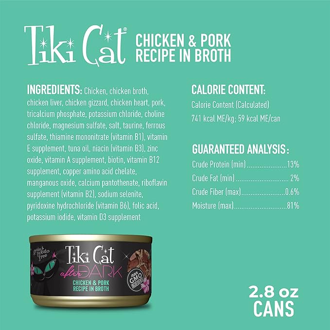 Tiki Cat After Dark, Chicken & Pork, High-Protein and 100% Non-GMO Ingredients, Wet Cat Food for Adult Cats, 2.8 oz. Can (12 Count)