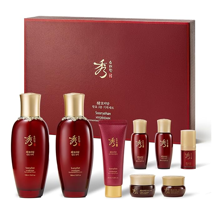 Sooryehan Hyobidam Fermented Skincare Gift Set with Wild Ginseng - Premium Korean Anti-Aging Skin Care Kit for Intense Hydration, 13.53 fl oz (Full Size Toner & Emulsion + Mini Cream, Eye Cream, Mask)