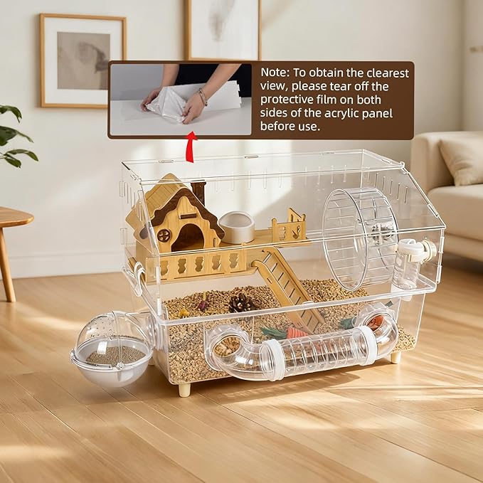 Clear Acrylic Hamster Cage, Dwarf Hamster Cage, Mouse Cage, Gerbil Cage - All-in-One Hamster Habitat with 18cm Silent Wheel, Tubes & Full Kit, 17.7×11.8×13" for Dwarf Hamsters, Mice, Gerbils