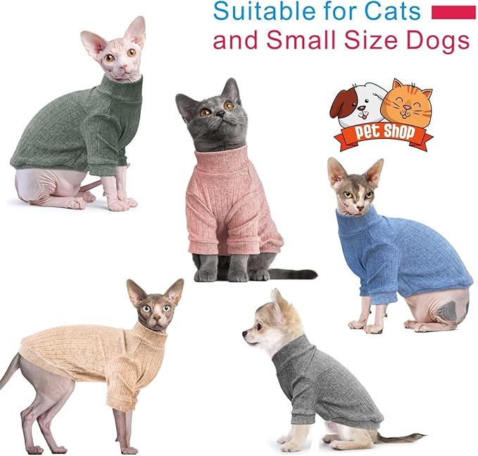 Idepet Sphynx Hairless Cats Sweater Shirt Kitten Soft Puppy Clothes Pullover Cute Cat Pajamas Jumpsuit Cotton Apparel Pet Winter Turtleneck for Cats and Teacup Chihuahua(2 Pack-Blue&Pink,XS)