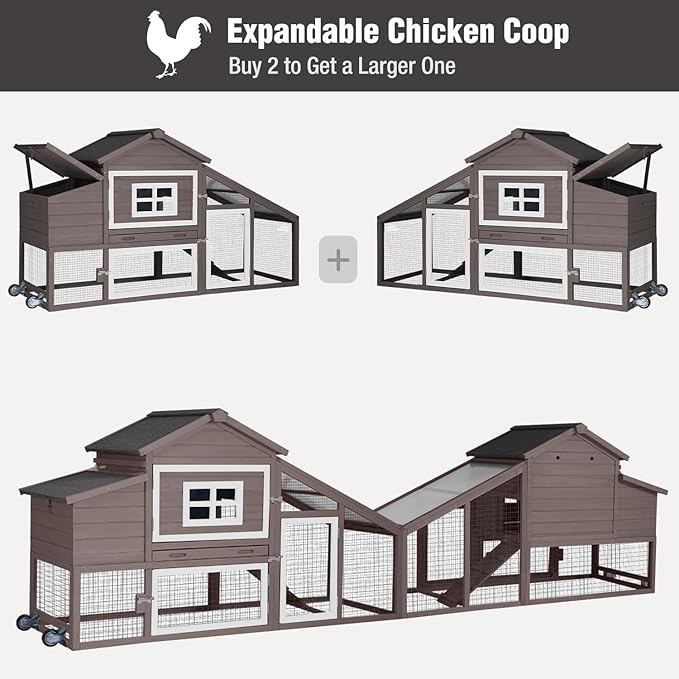 Chicken Coop with Wheels, Mobile Outdoor Chicken House with Leakproof Pull-on Tray, Nesting Box, Waterproof Roof - Brown
