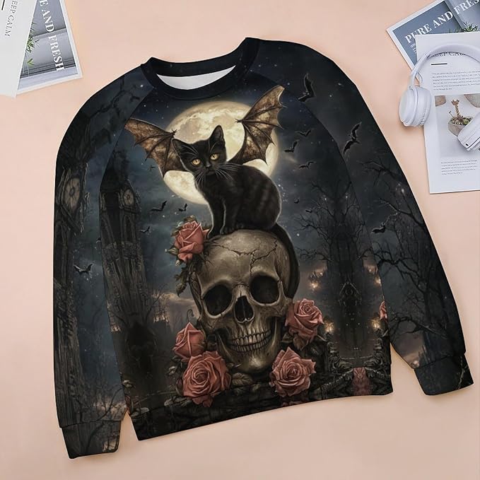 Halloween Sweatshirts for Women Black Cat Print Pullover Crewneck Oversized 2024 Fall Fashion Casual Warm Shirt