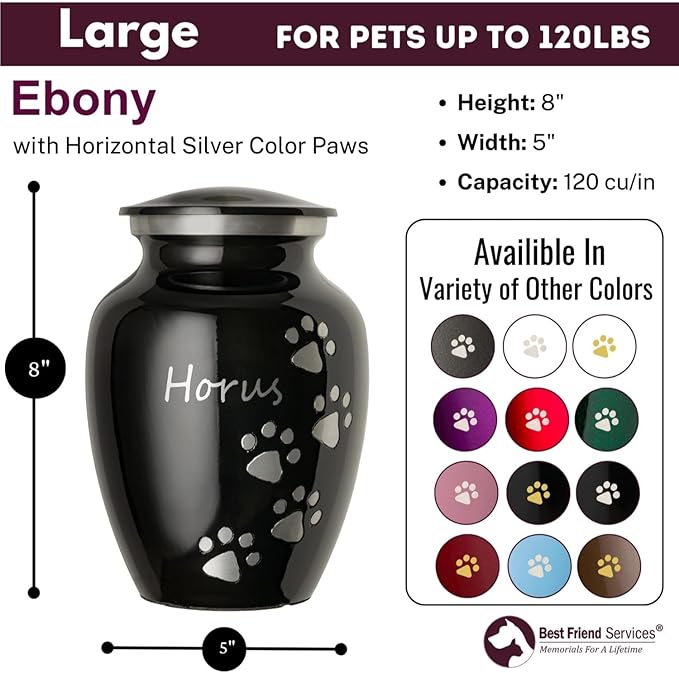 Pet Urn for Dogs and Cats with Personalized Laser Engraving, Ottillie Paws Premier Series Memorial Urns (Large Ebony with Vertical Pewter Paws)