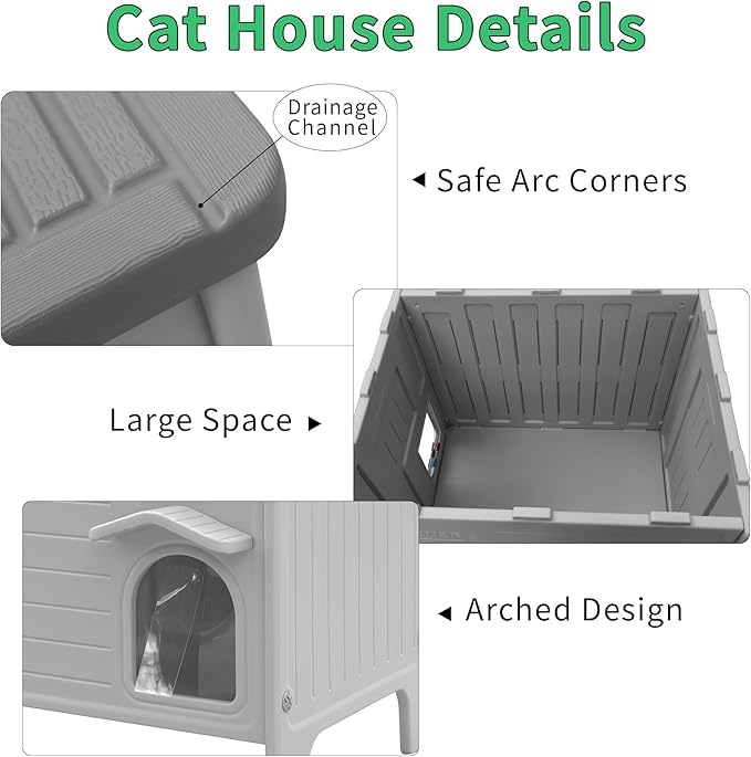 Rockever Insulated Outdoor Cat House, Waterproof Cat House for Outdoor Cats with Escape Door, Plastic Feral Cat House Outdoor Indoor, Spacious and Clean Easily (Grey,M)