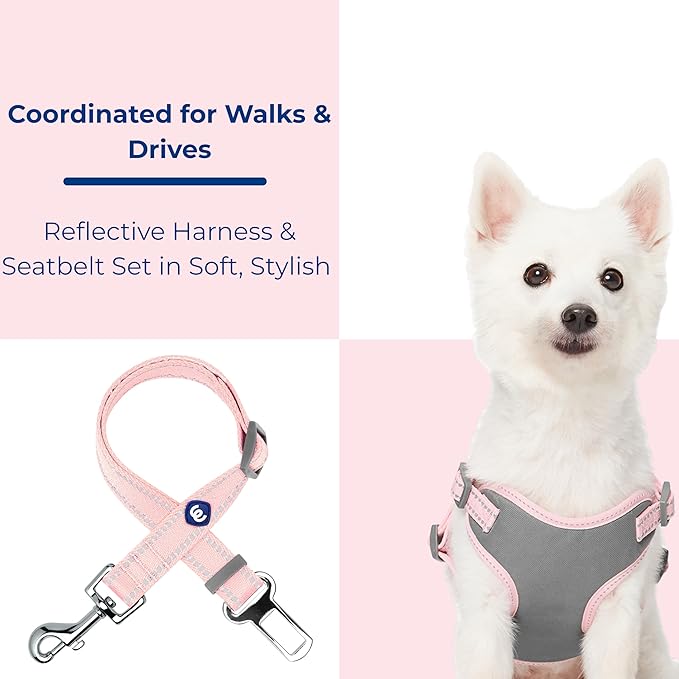 Blueberry Pet Pastel Colored Reflective Dog Harness with Seatbelt Clip – Adjustable No-Pull Pet Vest for Walking and Car Safety, Small Size in Baby Pink