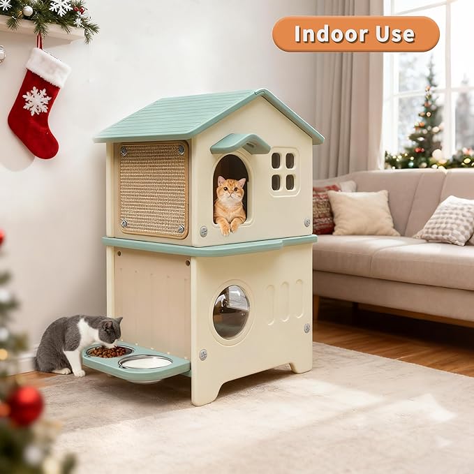 Rockever Outdoor Cat House with Insulated Liner, 100% Insulated Cat Houses for Winter Outside, 2 Story Waterproof Cat House For Outdoor Cats, Sturdy Stainless Steel Bowl & Scratching Post,Clean Easily