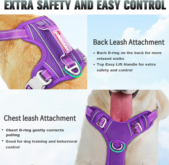 BARKBAY No Pull Dog Harness Large Reflective Dog Harness with Front Clip and Easy Control Handle for Walking Training Running with ID tag Pocket(Purple,S)