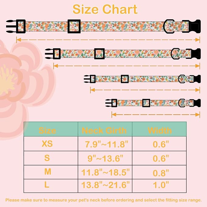 Faygarsle Dog Collar for Small Medium Large Dogs Cute Gaily Colored Puppy Collars for Female Dogs Floral Patterned Pet Collars for Summer Spring Wedding Puppy Girl Dog Collar XS