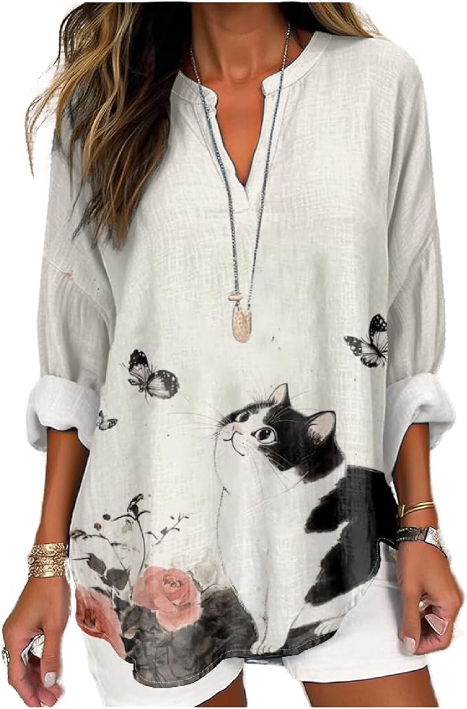 MARSVOVO Cat Shirts for Women Long Sleeve Cute Cat Pullover Graphic Novelty V Neck Blouse Oversized Funny Tunic Tops