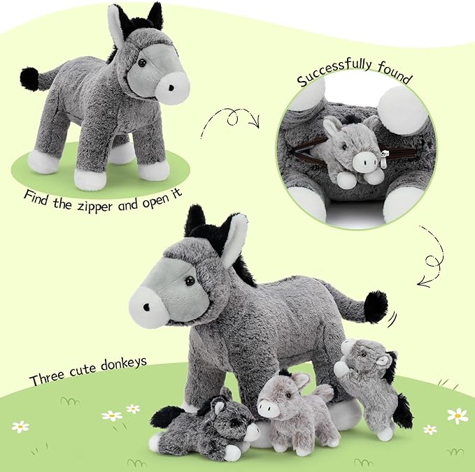 Large Donkey Stuffed Animal 20“ with 3 Baby Donkeys Inside | Unzip The Belly to Reveal Surprise Plush Toy | Mother & Babies Family Role Play Gift Set for Kids, Boys & Girls
