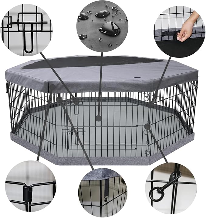 PETIME Foldable Metal Dog Exercise Pen/Pet Puppy Playpen Kennels Yard Fence Indoor/Outdoor 8 Panel 24" W with Top Cover and Bottom Pad (Playpen+Bottom+Top Cover, 8 Panels 36" H)