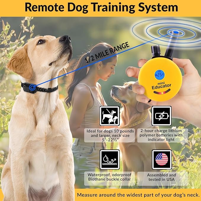 E-Collar – Educator ET-300-1/2 Mile Waterproof Remote Dog Training Collar Includes Premium Finger Clicker Trainer, 100 Programmable Levels + Vibration + Light + Sound, Black