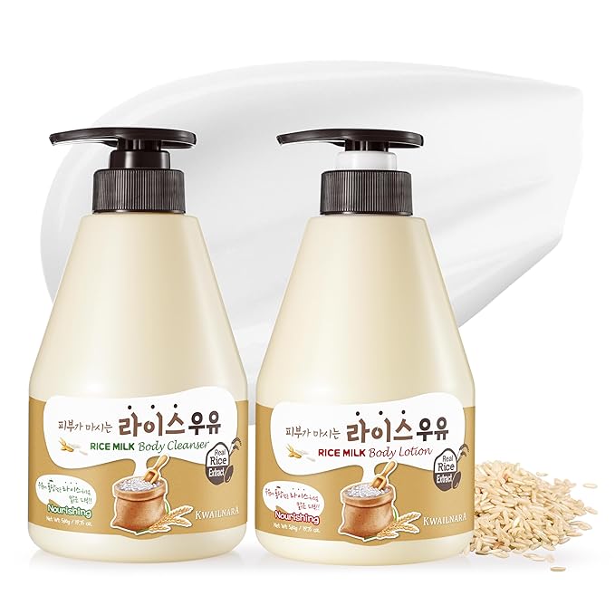 Kwailnara Rice Milk Body Wash & Lotion Set (19.75 Oz Each) – 2-Piece Korean Skincare Duo for Radiant & Hydrated Skin | Milk Protein, Royal Jelly & Rice Extract | Paraben-Free