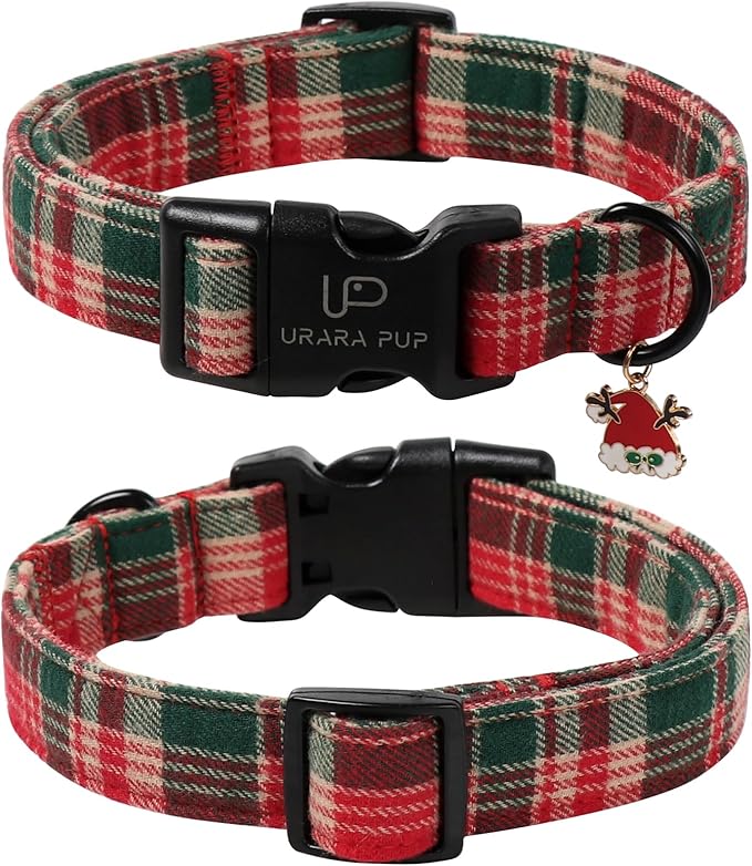 Christmas Dog Collar– Adjustable Red & Green Checkered Dog Collar for Small Medium Large Dogs, Soft Xmas Plaid Puppy Collars with Quick Release Buckle M