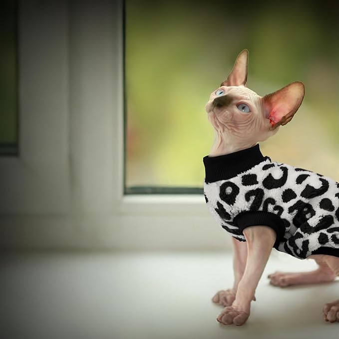 PUMYPOREITY Winter Warm Cat Sweater - Super Soft & Elastic Knit with Plush Fleece, Easy-On Design with Ribbed Neck & Cuffs, Stretchy Cat Outfit for Indoor/Outdoor Use,Black Leopard, S